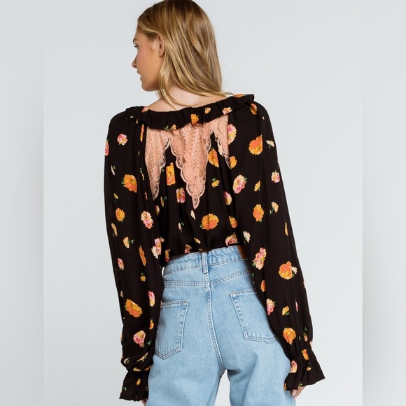 Free People - Poppy Orange Lace Ruffle Long Sleeve Full Brief Bodysuit Size M - Picture 2 of 15